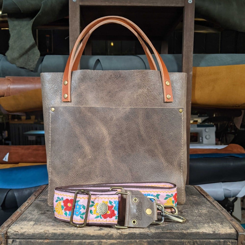 SoRetro FYG Leather Crossbody Tote Petoskey Brown with Poppies on