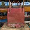 SoRetro FYG Leather Crossbody Tote - Raspberry with Chocolate Brown Pocket - Two Tone - Porcupine Mountains on Chocolate Brown Webbing - Silver hardware
