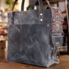 SoRetro Perfect FYG Leather Crossbody Tote – Blue Slate with Urban Gypsy on Black Webbing – Silver Hardware