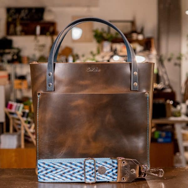 SoRetro Especial Perfect FYG Leather Crossbody Tote – Extra Virgin Olive Oil with Badazz Black & Blue – Silver Hardware