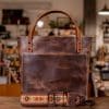 SoRetro Perfect FYG Leather Crossbody Tote – Señora de Atocha with The Lioness of Brittany on Chocolate Brown Webbing – Gunmetal Hardware