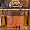 SoRetro Especial Mini+ FYG Leather Crossbody Tote – Two Tone King Louis and Western Rogue with Mackinac Sunset on Cinnamon Cotton Webbing – Bronze Hardware