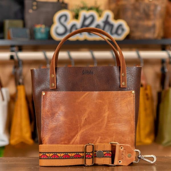 SoRetro Especial Mini+ FYG Leather Crossbody Tote – Two Tone King Louis and Western Rogue with Mackinac Sunset on Cinnamon Cotton Webbing – Bronze Hardware