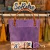 SoRetro Mini+ FYG Leather Crossbody Tote – Why Is My Pool Purple with Exclusivo Cala Saladeta on Lavender Cotton Webbing – Bronze Hardware