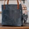 SoRetro Especial Mini+ FYG Leather Crossbody Tote – Blue Slate with Exclusivo Bluff Point Beach on Chocolate Brown Webbing – Gunmetal Hardware
