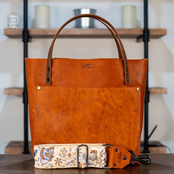 SoRetro Perfect FYG Leather Crossbody Tote – Orange Marmalade with Exclusivo Cala Magrana on Cinnamon Cotton Webbing – Gunmetal Hardware