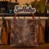 SoRetro Especial Mini+ FYG Leather Crossbody Tote – Desert Jasper with Exclusivo Meadowsweet Sand on Dark Coral Cotton Webbing – Bronze Hardware