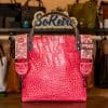 SoRetro Verdura Perfect FYG Leather Crossbody Tote – Alligatore Rosa with Exclusivo Pepper Beach Pink on Dark Gray Webbing – Gunmetal Hardware