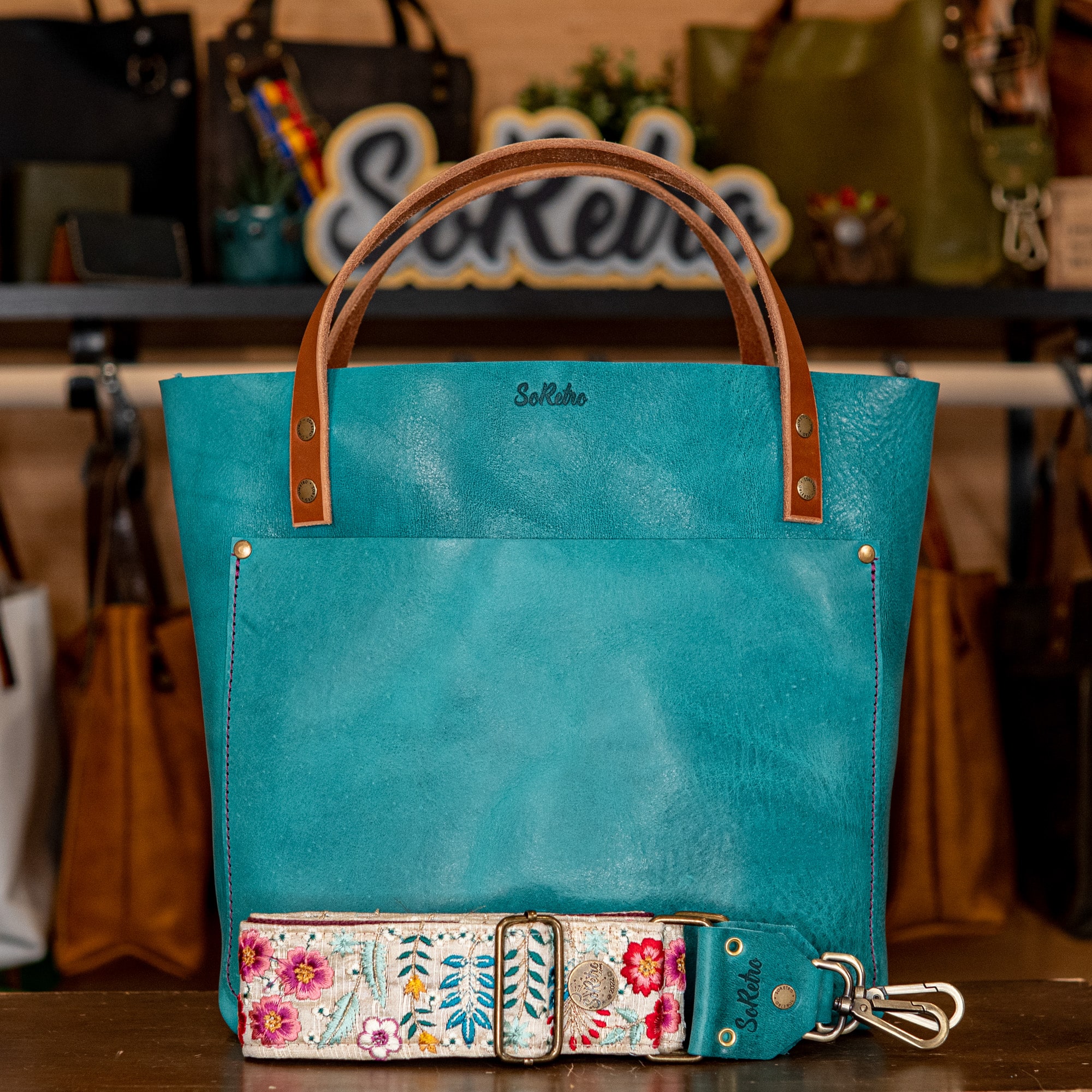 SoRetro Verdura Perfect FYG Leather Crossbody Tote Mar Mediterraneo