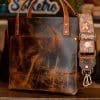 SoRetro Limited Perfect FYG Leather Crossbody Tote – Alicia's Outlaw with Exclusivo Madeline Island Sunrise on Copper Webbing – Bronze Hardware