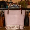 SoRetro Rare Especial Perfect FYG Leather Crossbody Tote – Pink Piglet with Exclusivo Mystic Rye on Champagne Webbing – Bronze Hardware