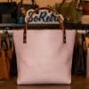 SoRetro Rare Especial Perfect FYG Leather Crossbody Tote – Pink Piglet with Exclusivo Mystic Rye on Champagne Webbing – Bronze Hardware