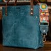 SoRetro Verdura Perfect FYG Leather Crossbody Tote – Formaggio Blu Cremoso with Exclusivo Dahlia Aqua on Emerald Webbing – Bronze Hardware