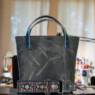 SoRetro Mini+ FYG Leather Crossbody Tote – Smokey Pecos with Exclusivo and Rosa Labrada Night on Navy Cotton Webbing – Gunmetal Hardware