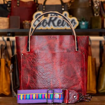 SoRetro Perfect FYG Leather Crossbody Tote – Pompeii Dawn with Exclusivo Happy Rainbow Trees on Violet Cotton Webbing – Gunmetal Hardware