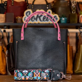 SoRetro Perfect FYG Leather Crossbody Tote – Midnight Rider with Exclusivo Badalona Party Birds SoBe on Double Diamond Pink Dark Webbing – Silver Hardware