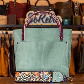 SoRetro Perfect FYG Leather Crossbody Tote – Sycamore Springs with Exclusivo Granny's Bonnet Summer Sunset on Eggplant Webbing – Chromalusion Hardware