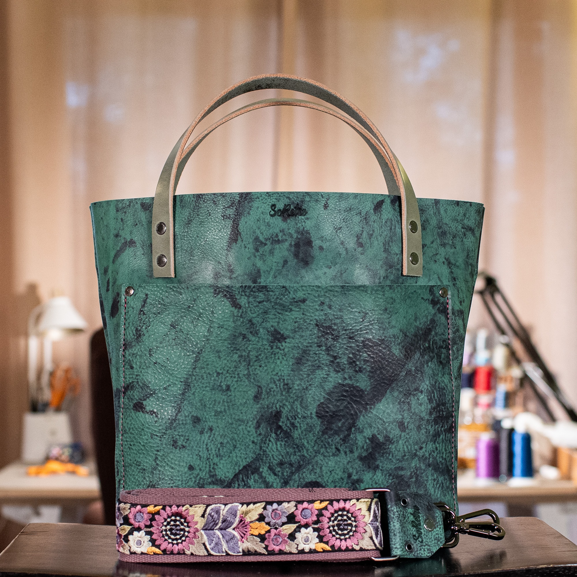 SoRetro Verdura Perfect FYG Leather Crossbody Tote – Monte Menta with Exclusivo San Esteban Dusk on Dusty Rose Cotton Webbing – Gunmetal Hardware