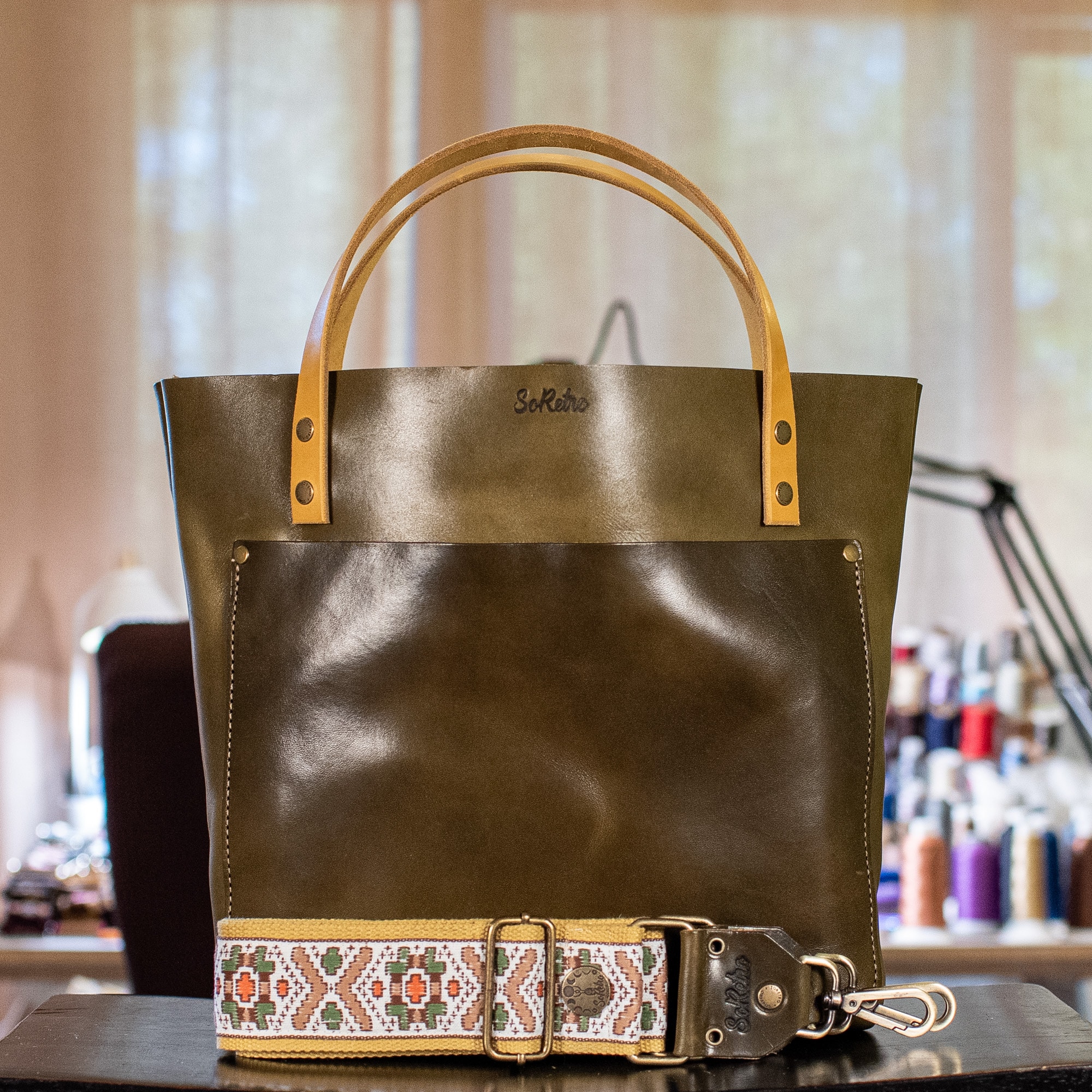 SoRetro Perfect FYG Leather Crossbody Tote – Roasted Asparagus with Limited Pixel Quest on Mustard Cotton Webbing – Bronze Hardware