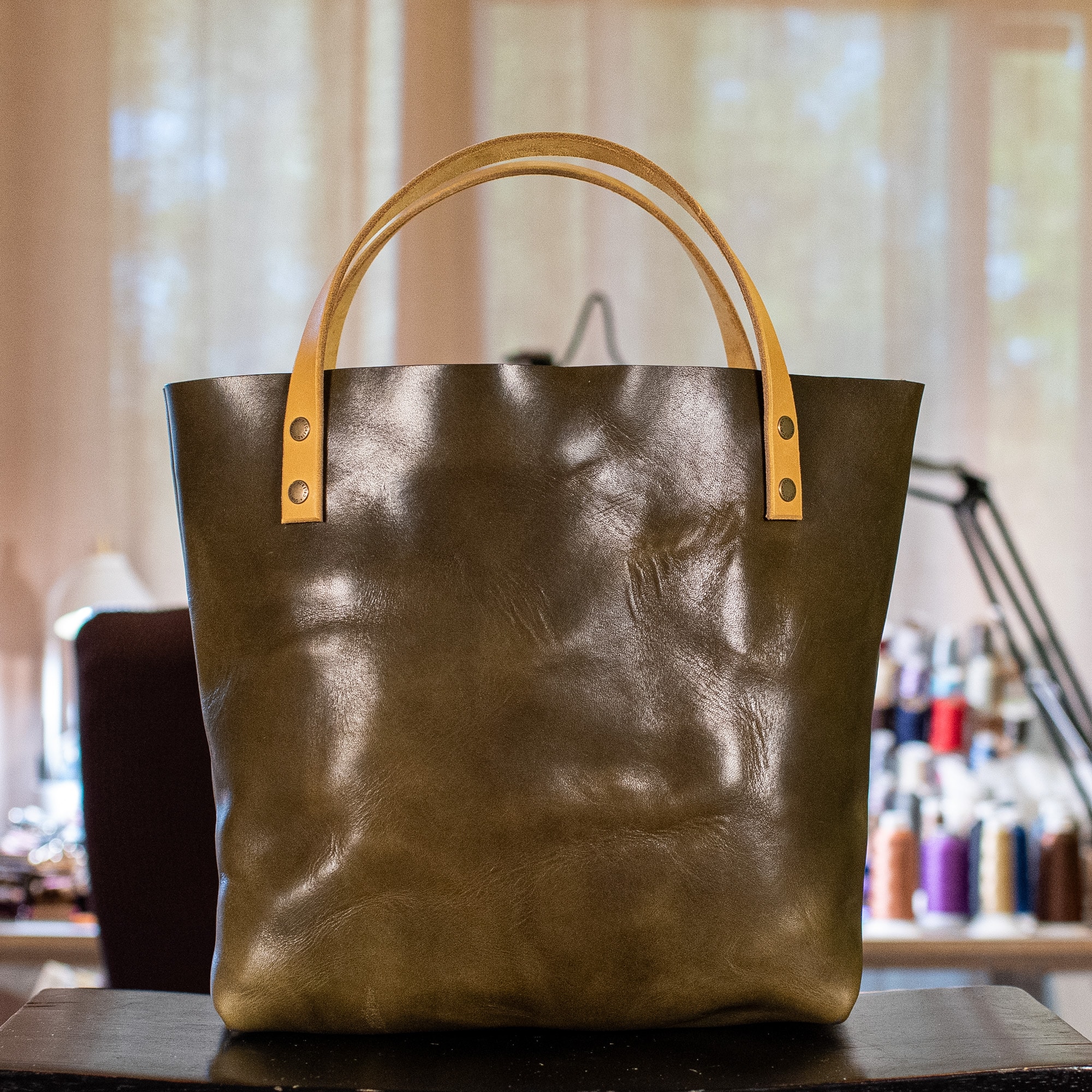 Alternative view of SoRetro Perfect FYG Leather Crossbody Tote – Roasted Asparagus with Limited Pixel Quest on Mustard Cotton Webbing – Bronze Hardware