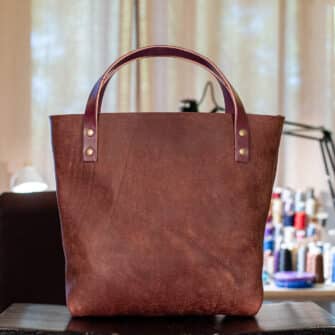 Alternative view of SoRetro Verdura Perfect FYG Leather Crossbody Tote – Bucce Di Patata with Limited Night Trail Lavender on Chocolate Brown Cotton Webbing – Bronze Hardware