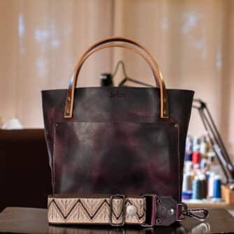 SoRetro Verdura Mini+ FYG Leather Crossbody Tote – Lampone Nero with Limited Sawtooth Desert on Chocolate Brown Cotton Webbing – Gunmetal Hardware