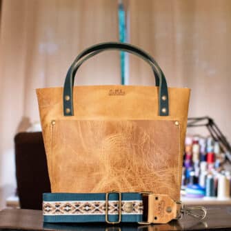 SoRetro Especial Reservo Mini+ FYG Leather Crossbody Tote – Yukon Gold with Limited Desert Waves on Dark Teal Cotton Webbing – Bronze Hardware