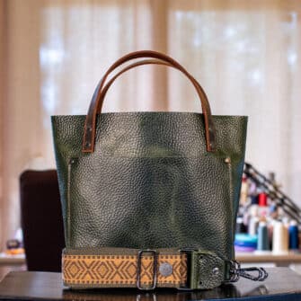 SoRetro Mini+ FYG Leather Crossbody Tote – Luckystone with Limited Boomslang Tan on Dark Olive Cotton Webbing – Gunmetal Hardware