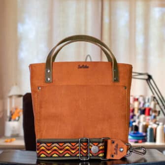 SoRetro Verdura Mini+ FYG Leather Crossbody Tote – Cartone with Limited Charlie Brownza on Dark Olive Cotton Webbing – Gunmetal Hardware