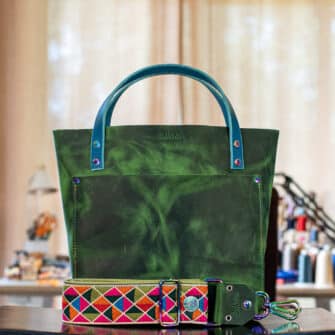 SoRetro Mini+ FYG Leather Crossbody Tote – Carica Papaya with Limited Kaleido Prism on Lime Cotton Webbing – Chromalusion Hardware