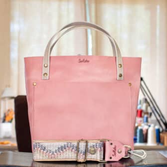 SoRetro Verdura Perfect FYG Leather Crossbody Tote – Zucchero Filato with Exclusivo Heart Waves Navy Light on Khaki Cotton Webbing – Bronze Hardware