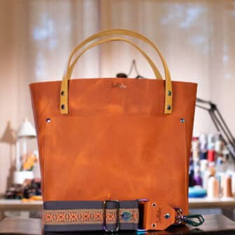 SoRetro Perfect FYG Leather Crossbody Tote – Fortunella Margarita with Limited Sunfire Mosaic on Dark Plum Cotton Webbing – Chromalusion Hardware