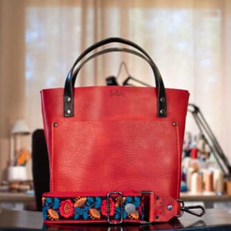 SoRetro Especial Reservo Mini+ FYG Leather Crossbody Tote – Montmorency Cherry with Exclusivo Pepper Beach Hawaii Punch on Strawberry Cotton Webbing – Gunmetal Hardware