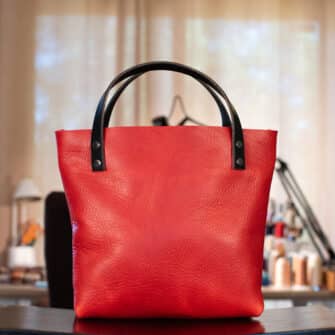 Alternative view of SoRetro Especial Reservo Mini+ FYG Leather Crossbody Tote – Montmorency Cherry with Exclusivo Pepper Beach Hawaii Punch on Strawberry Cotton Webbing – Gunmetal Hardware