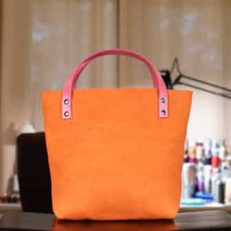 Alternative view of SoRetro Verdura Mini+ FYG Leather Crossbody Tote – La Tela Arancione with Limited Garden Along the Lake of Fire on Dusty Rose Cotton Webbing – Chromalusion Hardware