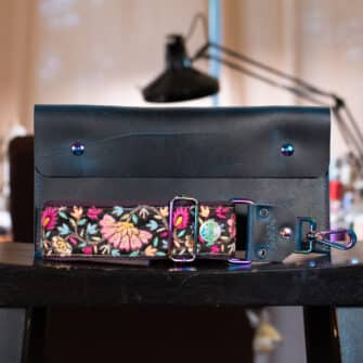 SoRetro FYG Crossbody Clutch - Blue Jet Lightning with Exclusivo Garden Treasure Rainbow on Eggplant Cotton Webbing - Chromalusion Hardware