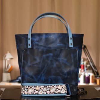 SoRetro Especial Reservo Perfect FYG Leather Crossbody Tote – Cobalt Conspiracy with Exclusivo Pastel Belle on Black on Dusty Blue Webbing – Gunmetal Hardware