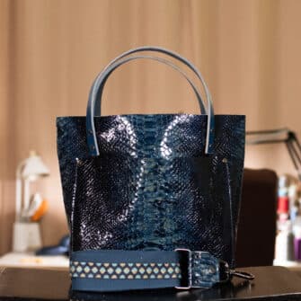 SoRetro Limited Mini+ FYG Leather Crossbody Tote – Some Kind of Blueish Snek with Limited Polka Baby Blue on Dark Teal Cotton Webbing – Gunmetal Hardware