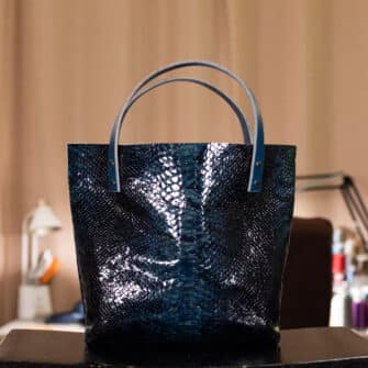 Alternative view of SoRetro Limited Mini+ FYG Leather Crossbody Tote – Some Kind of Blueish Snek with Limited Polka Baby Blue on Dark Teal Cotton Webbing – Gunmetal Hardware