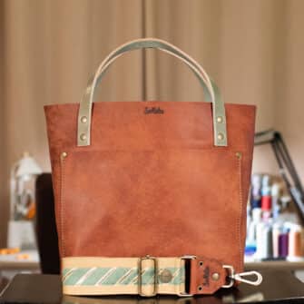 SoRetro Verdura Perfect FYG Leather Crossbody Tote – Birra Allo Zenzero with Limited Goldstripe Sage on Dune Cotton Webbing – Bronze Hardware