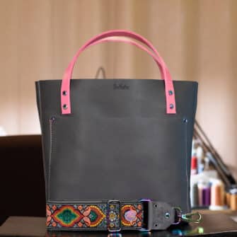 SoRetro Especial Reservo Perfect FYG Leather Crossbody Tote – Carbon Crystal with Limited Moroccan Mustache Mardi Gras on Dark Gray Cotton Webbing – Chromalusion Hardware