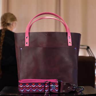 SoRetro Perfect FYG Leather Crossbody Tote – Prugne di San Pietro with Limited Charlie Pinkza on Raspberry Cotton Webbing – Chromalusion Hardware