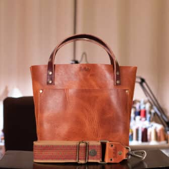 SoRetro Especial Mini+ FYG Leather Crossbody Tote – Gingerbro with Limited Denali Fire on Sand Cotton Webbing – Bronze Hardware