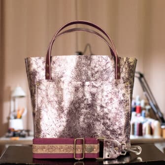 SoRetro Perfect FYG Leather Crossbody Tote – Molten Embers with Limited The Rose Garden Guild on Dark Cherry Cotton Webbing – Bronze Hardware