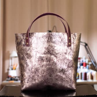 Alternative view of SoRetro Perfect FYG Leather Crossbody Tote – Molten Embers with Limited The Rose Garden Guild on Dark Cherry Cotton Webbing – Bronze Hardware