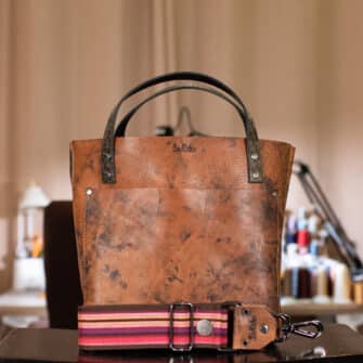 SoRetro Verdura Mini+ FYG Leather Crossbody Tote – Monte Umbria with Serape Stripes Surprise on Chocolate Brown Cotton Webbing – Gunmetal Hardware