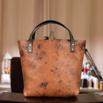 Alternative view of SoRetro Verdura Mini+ FYG Leather Crossbody Tote – Monte Umbria with Serape Stripes Surprise on Chocolate Brown Cotton Webbing – Gunmetal Hardware