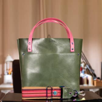 SoRetro Verdura Perfect FYG Leather Crossbody Tote – Mare Forte Esmeralda with Serape Stripes Surprise on Sand Cotton Webbing – Chromalusion Hardware