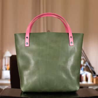 Alternative view of SoRetro Verdura Perfect FYG Leather Crossbody Tote – Mare Forte Esmeralda with Serape Stripes Surprise on Sand Cotton Webbing – Chromalusion Hardware