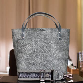 SoRetro Verdura Perfect FYG Leather Crossbody Tote – Mare Statico Monocromatico with Limited Mono Nubby Sparklebow on Gray Cotton Webbing – Silver Hardware